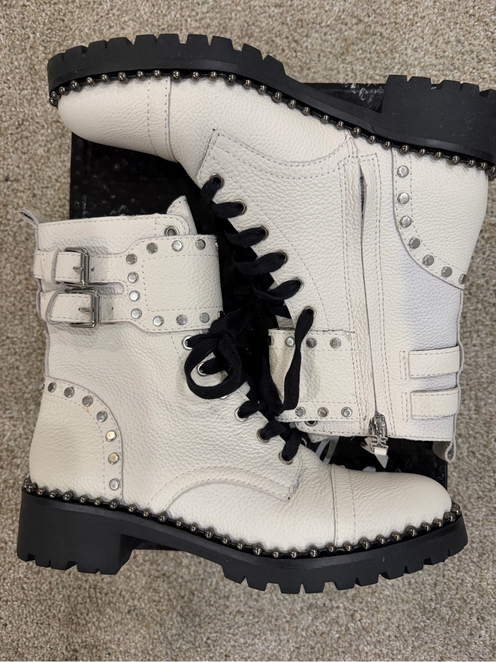 Sam Edelman White Leather Studded Combat Boots with Black Laces